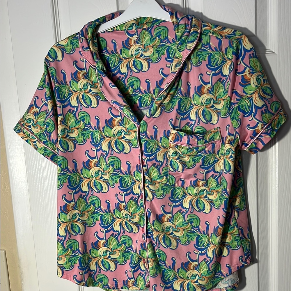 Lauren James short sleeve button up pajama top pink green floral notch collar XL